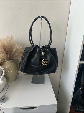 Michael Kors Black Pebbled Leather Shoulder Bag with Gold MK Charm